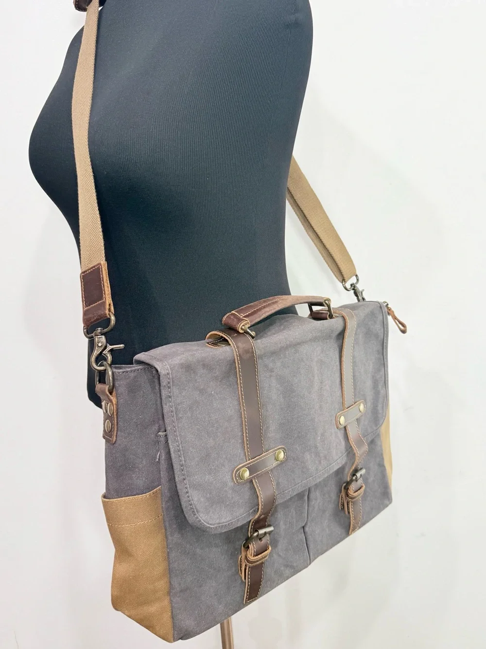 Newhey Gray Brown Thick Waxed Canvas Laptop Commuter Academic Satchel Bag